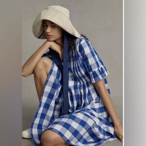Anthropologie WHIT TWO Blue and White Gingham Tiered Midi Dress. Small.